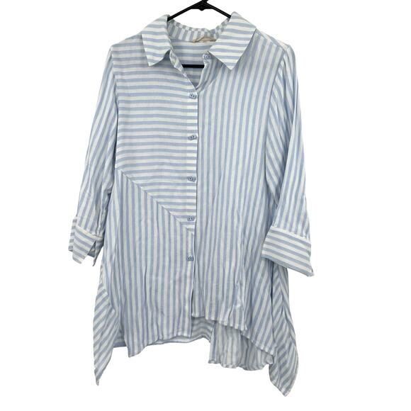 Soft Surroundings Size Small Button Up Blue Striped Shirt Square Buttons Blouse - Picture 1 of 5